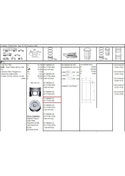 Piston Sekman 307 308 407 508 Partner Tepe C4 C5 Berlingo 0,60 Dw6 (8771783060-0628V1)