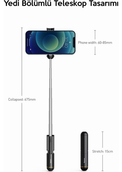 Taşınabilir Katlanabilir Dahili Pilli Bluetooth Selfie Çubuğu Kablosuz Monopod Teleskopic Çubuk