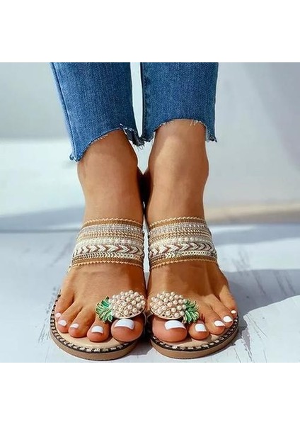 Flip Floplar Kadın Yaz Terlikler Daire Bohemian Plaj Kadın Ayakkabı Kristal Ananas Rahat Moda Bayanlar Artı Boyutu Terlik | Çevirme (Yurt Dışından)