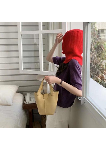 Lychee Desen Yumuşak Deri Çanta, Kadınlar Basit ve Sıradan Tek Omuzlu Messenger Kova Çantası Koreli Versiyonu (Yurt Dışından)