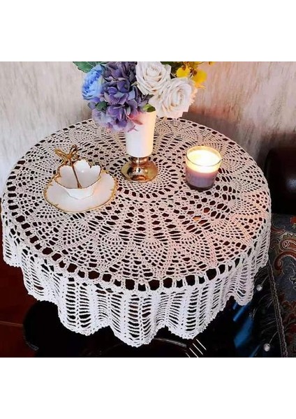 Yuvarlak Tığ Işi Pamuk Dantel Masa Örtüsü, Veranda Yemek Odası Dekorasyonu El Yapımı Tığ Işi Masa Örtüsü (Yurt Dışından)
