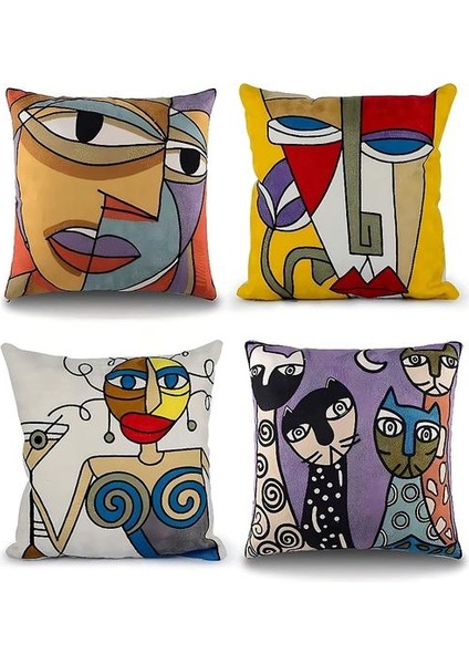 4'lü Set Picasso Minder Örtüsü 45X45 cm Işlemeli Pamuk Keten Kanepe Minderi Kapakları Iskandinav Oturma Odası Dekorasyonu Yatak Odası Yatak Ofis Koltuğu D (Yurt Dışından)