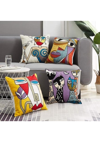 4'lü Set Picasso Minder Örtüsü 45X45 cm Işlemeli Pamuk Keten Kanepe Minderi Kapakları Iskandinav Oturma Odası Dekorasyonu Yatak Odası Yatak Ofis Koltuğu D (Yurt Dışından)