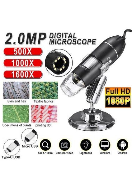 Ayarlanabilir 1600X 2mp 1080 P 8 LED Dijital Mikroskop Tipi-C / Mikro USB Büyüteç Elektronik Stereo USB Endoskop Için Telefon Pc (500X) (Yurt Dışından)
