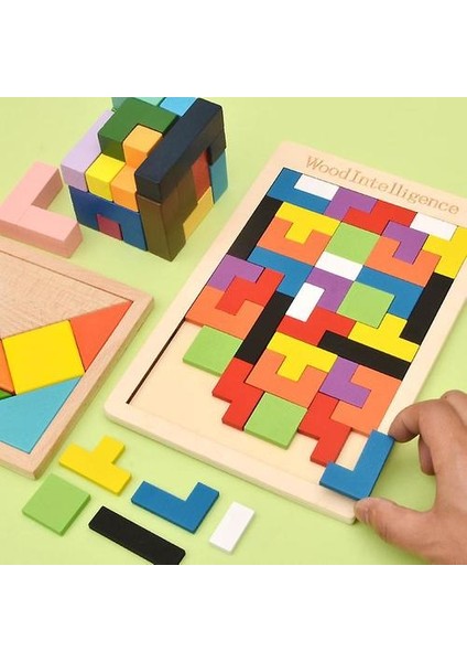 Çocuk Oyuncakları, Yeni Yürümeye Başlayan Çocuklar Için Ahşap Tetris Yapboz Tangram, Renkli Blok Oyunu, Eğitici Oyuncaklar (3d) (Yurt Dışından)