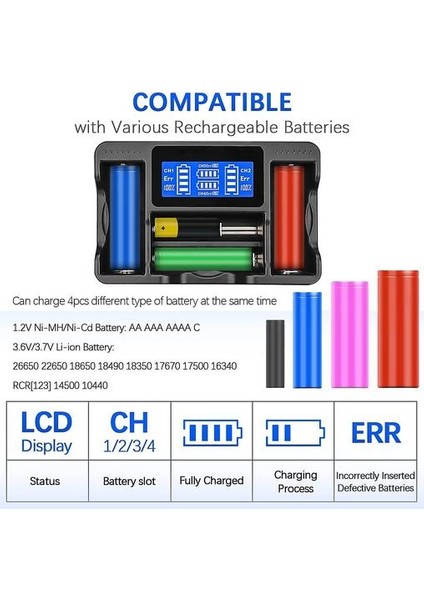 Pil Şarj Cihazı, LCD 4 Yuvalı Akıllı Pil Şarj Cihazı, Ni-Mh/ni-Cd/li-Ion 18700 2170 26650 Aa Aaa Şarj Edilebilir Piller ve Piller Için (Yurt Dışından)