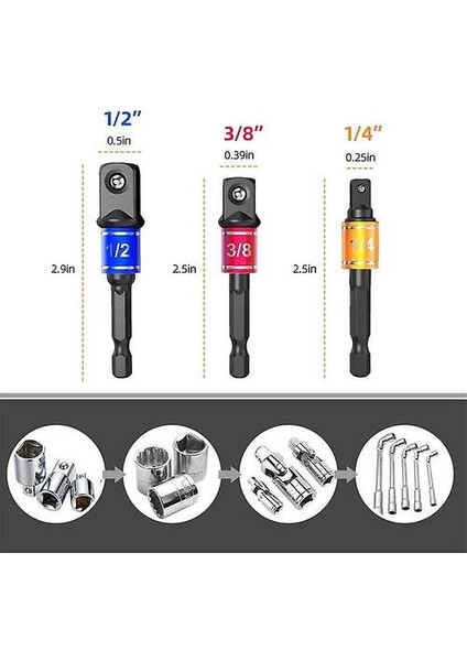 Esnek Matkap Uzantısı Hex Shank Matkap Somun Sürücü Seti, 3pcs Universal Socket Adaptör Seti, Tornavida Seti (Yurt Dışından)