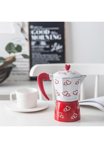 300 ml Kırmızı Kalp Baskılı Kahve Makinesi Alüminyum Alaşım Moka Pot Espresso Mocha Latte Percolator Filtre Kafeterası Mutfak Için | Kahve Tencere (Yurt Dışından)