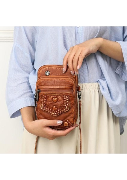 Retro Moda Yıkanmış Yumuşak Deri Küçük Kare Çanta, Tek Omuzlu Çapraz Gövde Çok Katmanlı Cep Telefonu Çantası (Yurt Dışından)