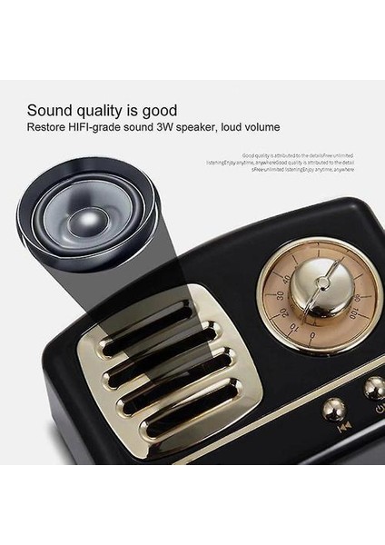 Retro Bluetooth Kablosuz Mini Taşınabilir Hoparlör 3D Stereo Surround Subwoofer Hoparlörler (Siyah) (Yurt Dışından)