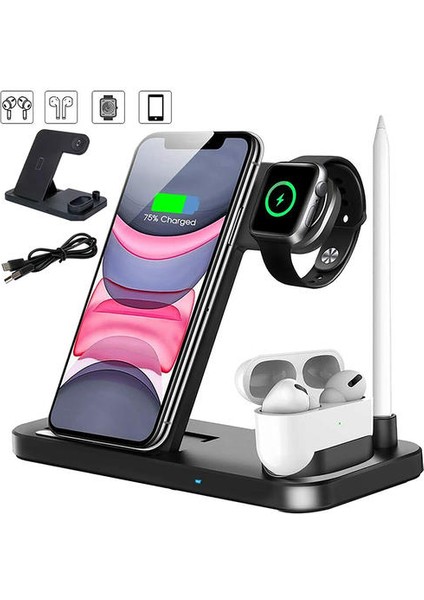 4 In 1 Hızlı Şarj Qi Kablosuz Şarj Dock Istasyonu Apple Watch iPhone Için (Yurt Dışından)