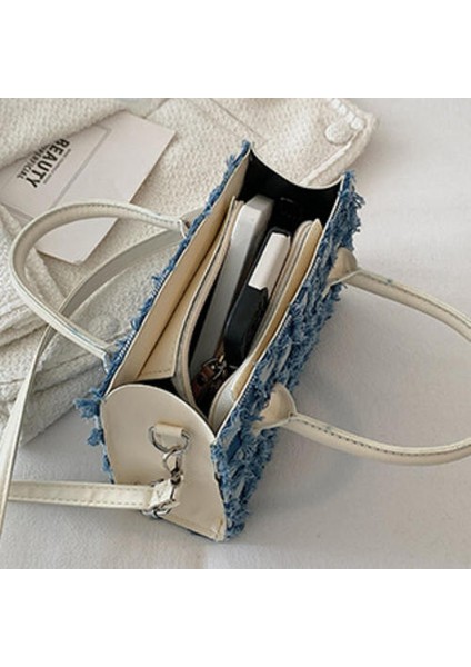 Dama Tahtası Dikiş Denim Kare Ekose Küçük Kare Çanta Kadınlar, Avrupa ve Amerikan Retro Gündelik Omuz Messenger El Çantası (Yurt Dışından) modelleri