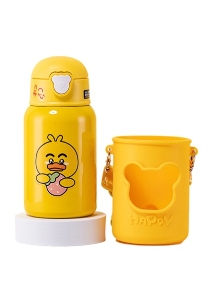 450ML Silikon Kılıf Termos Kupası Saman Portatif Portatif Messenger Termos Kupası Olan Çocuklar Için Uygun Ayı Desenli (Yurt Dışından)