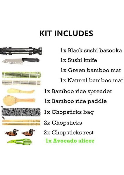 Suşi Yapma Seti, Bambu Paspaslı Hepsi Bir Arada Suşi Bazuka Yapımcısı, Bambu Yemek Çubukları, Avokado Dilimleyici, Kürek, Yayıcı, Suşi Bıçağı, Yemek Çubukları Tutucu (Yurt Dışından)