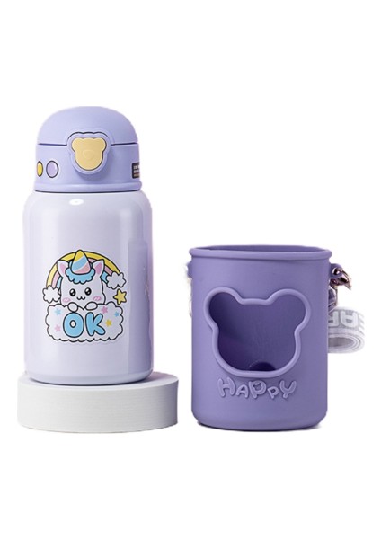 450ML Silikon Kılıf Termos Kupası Saman Portatif Portatif Messenger Termos Kupası Olan Çocuklar Için Uygun Ayı Desenli (Yurt Dışından)