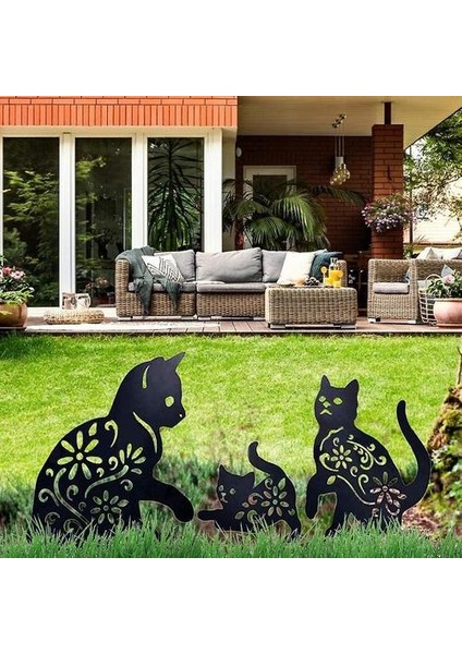 Cat Yard Art Garden Decorative Metal Statues, 3 Pieces Cat Hollow Out Silhouette Animal Shape Stake Decorations, Black (Yurt Dışından)