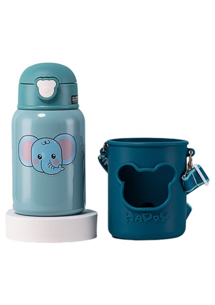 450ML Silikon Kılıf Termos Kupası Saman Portatif Portatif Messenger Termos Kupası Olan Çocuklar Için Uygun Ayı Desenli (Yurt Dışından)