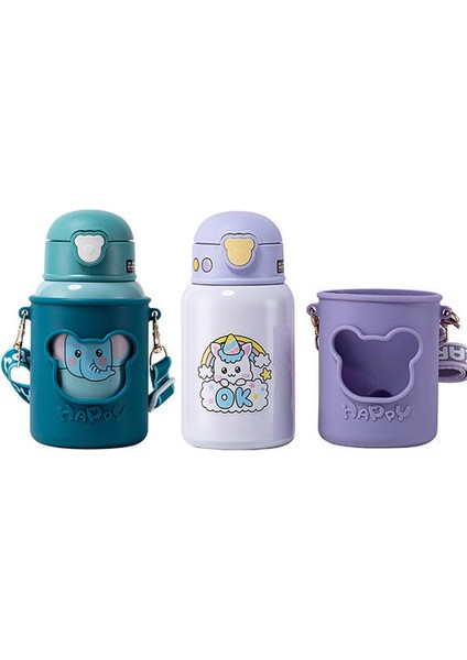 450ML Silikon Kılıf Termos Kupası Saman Portatif Portatif Messenger Termos Kupası Olan Çocuklar Için Uygun Ayı Desenli (Yurt Dışından) modelleri