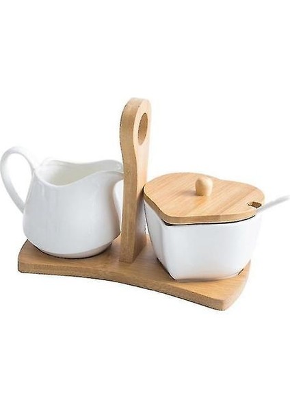 Ev Otel Şekeri Için Bambu Tepsi ve Kaşıkla Seramik Şekerlik ve Krem Sürahi Seti (Yurt Dışından)