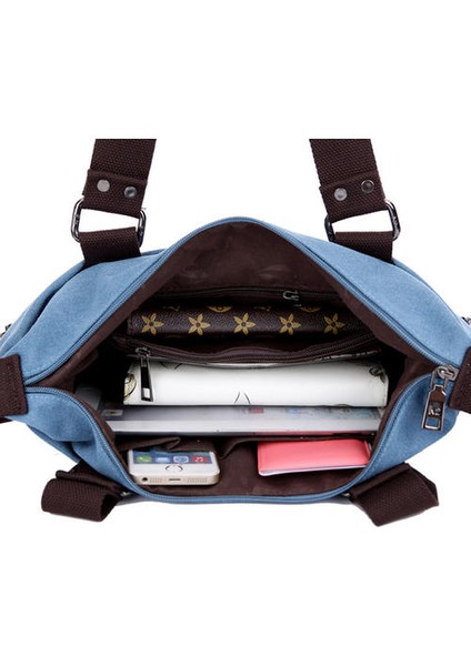 Kadınlar Tuval Crossbody Çantası, Zıt Panel Zip Çok Cep Büyük Kapasiteli Tote (Yurt Dışından)