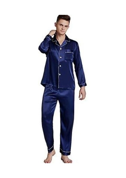 Erkekler Artı Boyutu Bahar ve Yaz Pijama, Uzun Kollu Gevşek Ipek Pijama, Ince Ev Teknolojisi (L) (Yurt Dışından)
