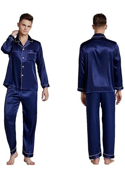Erkekler Artı Boyutu Bahar ve Yaz Pijama, Uzun Kollu Gevşek Ipek Pijama, Ince Ev Teknolojisi (L) (Yurt Dışından)