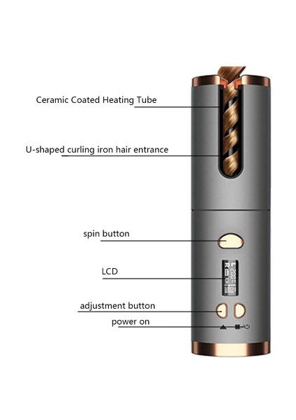 Kablosuz Otomatik Saç Bigudi Şarj Edilebilir Dönen Curling Demir LED Ekran Sıcaklık Ayarlanabilir Saç Silindirleri Şekillendirici Araçları (Altın) (Yurt Dışından)