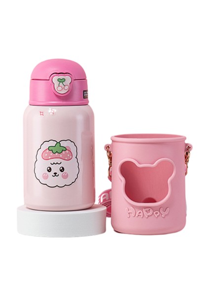 450ML Silikon Kılıf Termos Kupası Saman Portatif Portatif Messenger Termos Kupası Olan Çocuklar Için Uygun Ayı Desenli (Yurt Dışından)