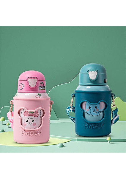 450ML Silikon Kılıf Termos Kupası Saman Portatif Portatif Messenger Termos Kupası Olan Çocuklar Için Uygun Ayı Desenli (Yurt Dışından) fırsatları