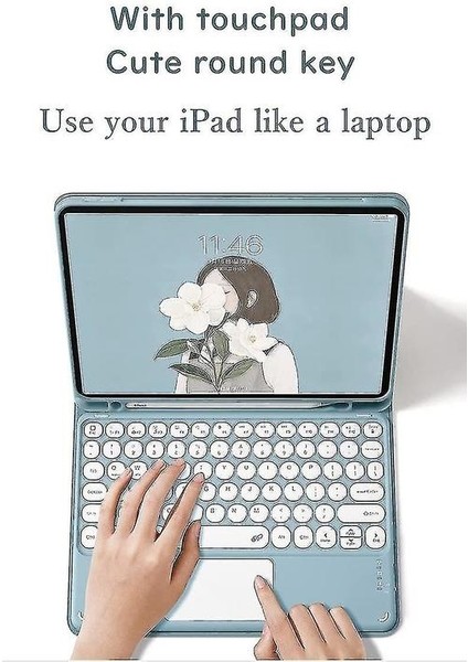 Ipad Pro 12.9 Inç Ayrılabilir Dokunmatik Bluetooth Yuvarlak Tuş Klavye Kılıfı (Yurt Dışından)