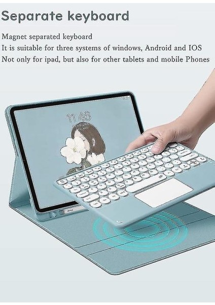 Ipad Pro 12.9 Inç Ayrılabilir Dokunmatik Bluetooth Yuvarlak Tuş Klavye Kılıfı (Yurt Dışından)