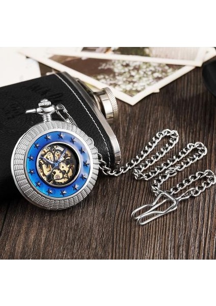 Benzersiz Gümüş Mekanik Cebi Adam Exquisite Star Oyma Dial Tasarım Steampunk Zincir Saati Hediye Seti | Cep ve Amp;izler (Yurt Dışından) fiyatları