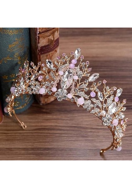 Rhinestone Pembe Kristal Gelin Taç ve Tiara Altın Düğün Gelin Diadem Başlığı Saç Takı Aksesuarları (Yurt Dışından)