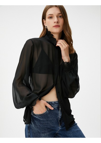 Transparan Gömlek Balon Kollu Fırfırlı Dik Yaka fiyatları