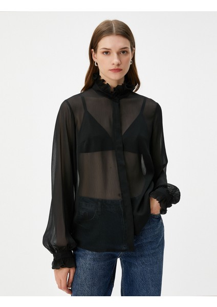 Transparan Gömlek Balon Kollu Fırfırlı Dik Yaka modelleri