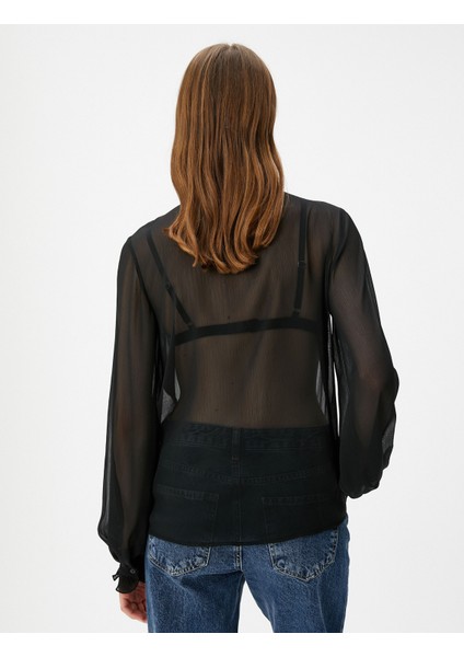 Transparan Gömlek Balon Kollu Fırfırlı Dik Yaka fırsatları