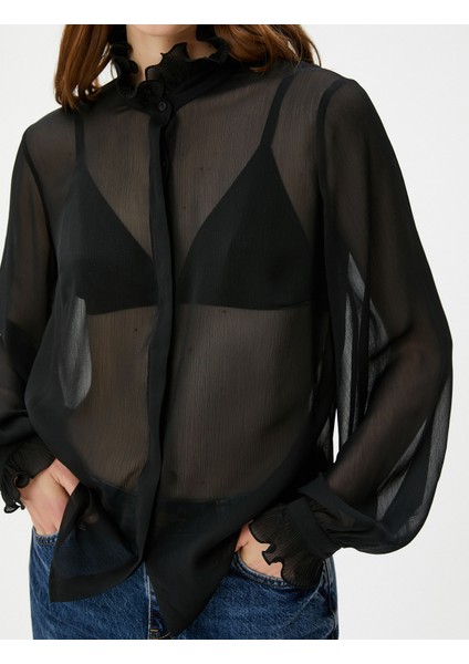 Transparan Gömlek Balon Kollu Fırfırlı Dik Yaka indirimleri