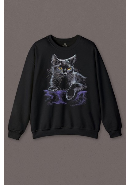 Mor Battaniye Üstünde Uzanan Sevimli Kedi Black Cat Baskılı Sweatshirt
