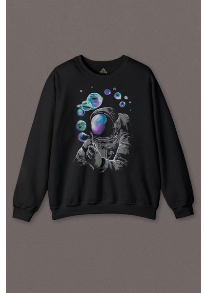 Baloncuk Köpük Tabancası Uzayda Astronot Cosmos Balon Baskılı Sweatshirt