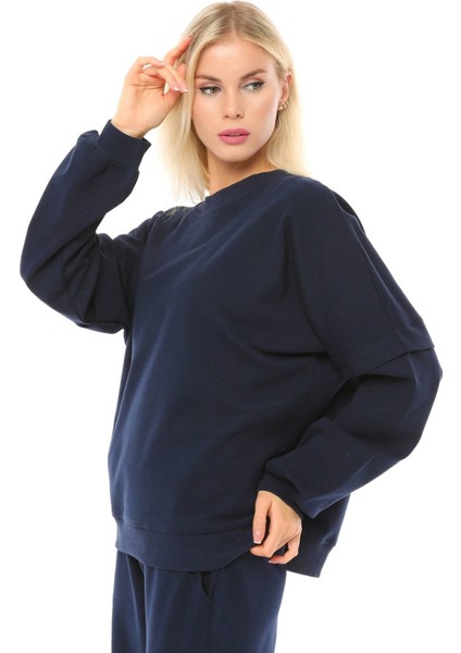 Kadın Bisiklet Yaka Kol Detaylı Oversize Fit Basic Sweatshirt Lacivert modelleri