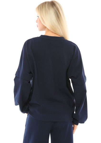 Kadın Bisiklet Yaka Kol Detaylı Oversize Fit Basic Sweatshirt Lacivert fırsatları