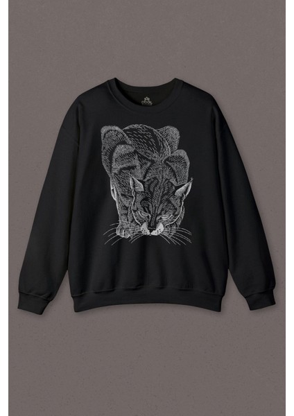 Kara Kedi Silüet Çizim Black Cat Bıyıklı Baskılı Sweatshirt