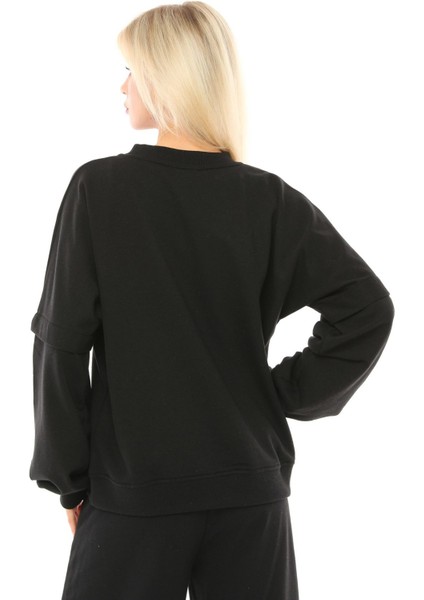 Kadın Bisiklet Yaka Kol Detaylı Oversize Fit Basic Sweatshirt Siyah fırsatları