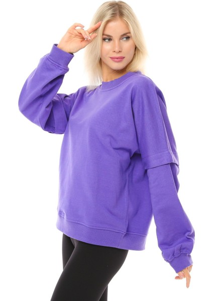 Kadın Oversize Sweat Kol Detaylı Mor fiyatları