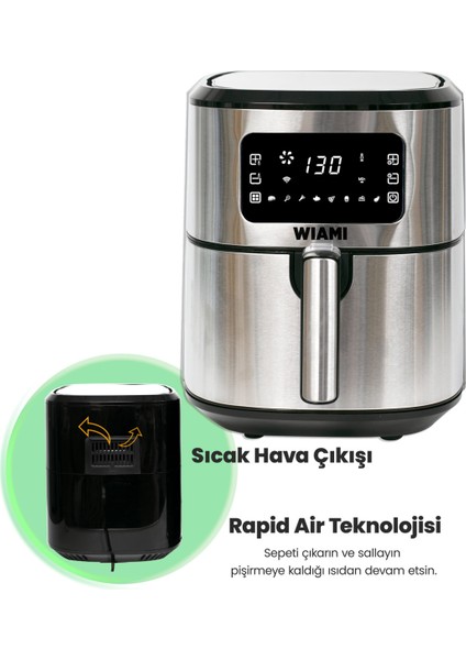 Airfryer 6.5 L Akıllı Yağsız Hava Fritözü Metallıc