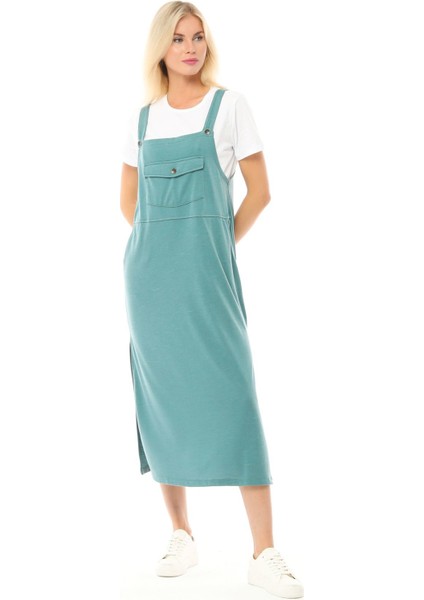 Kadın Askılı Yırtmaçlı Elbise Yeşil