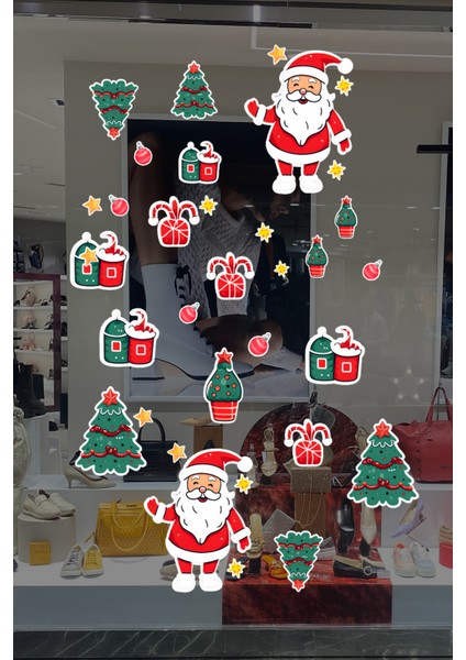 Çam Ağaçları ve Noel Baba Yılbaşı Süslemesi Ev Cam Vitrin Için Yeni Yıl Çocuk Bebek Odası Sticker Seti