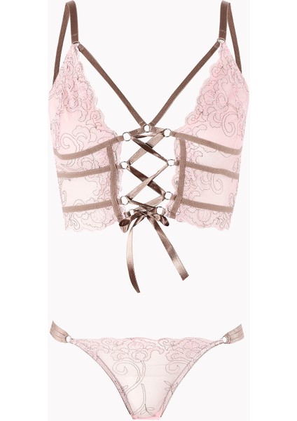 Pembe Kahve Dekolteli Kapsız Bralet Takım