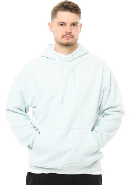 Erkek Oversize Kapüşonlu Sweatshirt Mavi Melanj