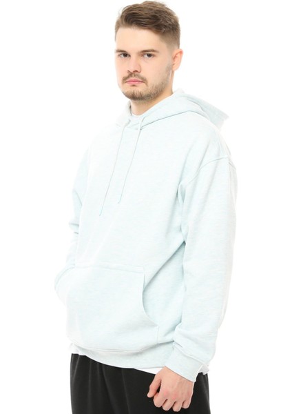 Erkek Oversize Kapüşonlu Sweatshirt Mavi Melanj